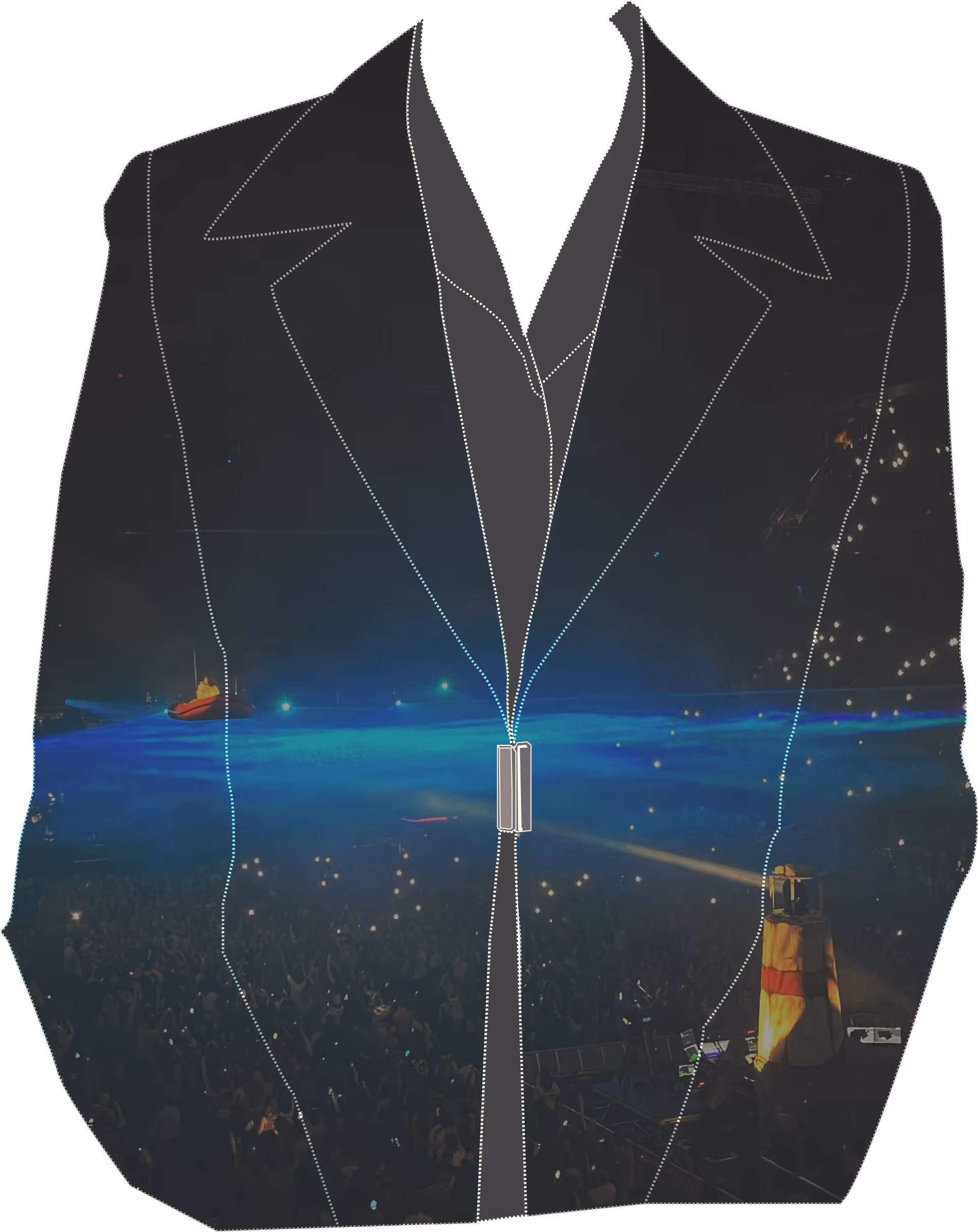Simple outline of a blazer featuring a masked overlay of a Sza concert.