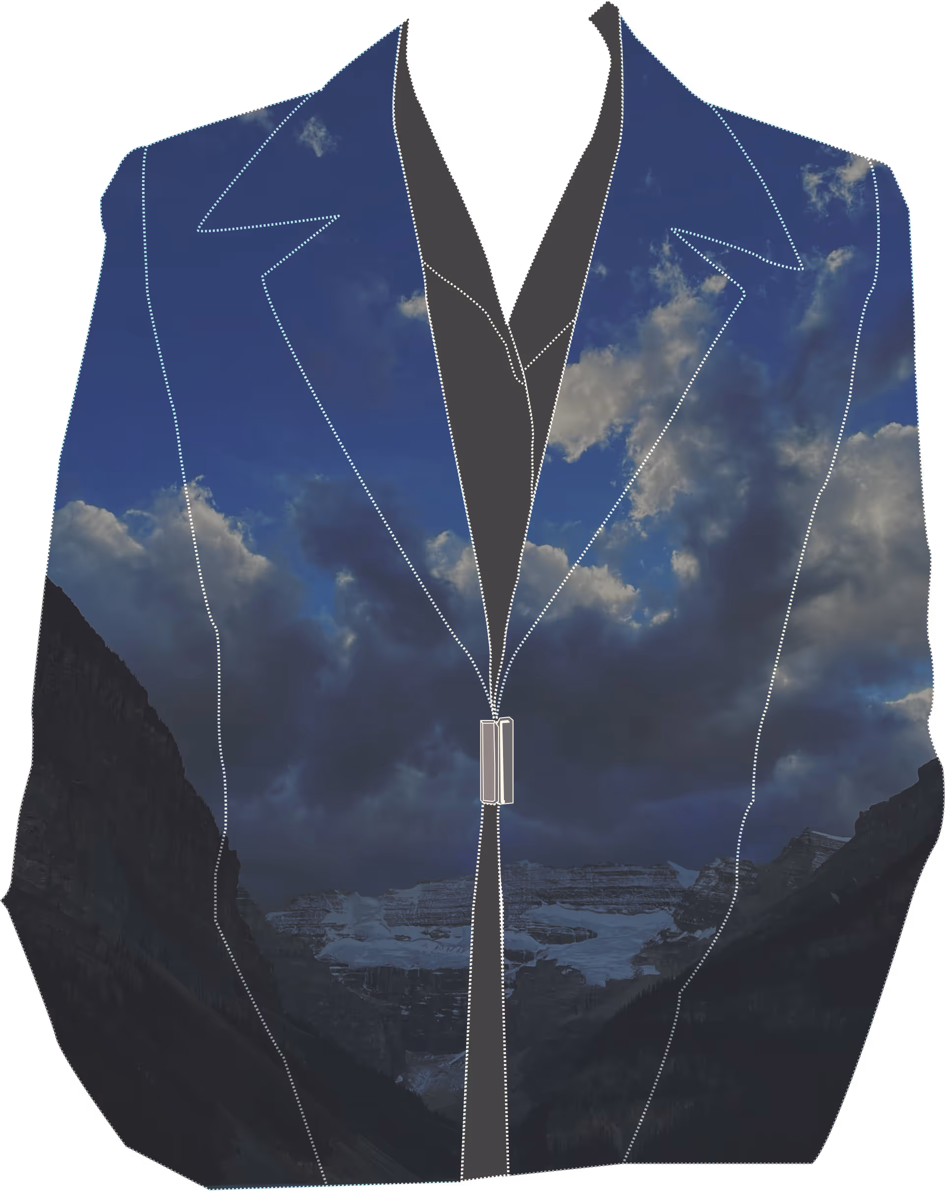 Simple outline of a blazer featuring a masked overlay of Lake Louise