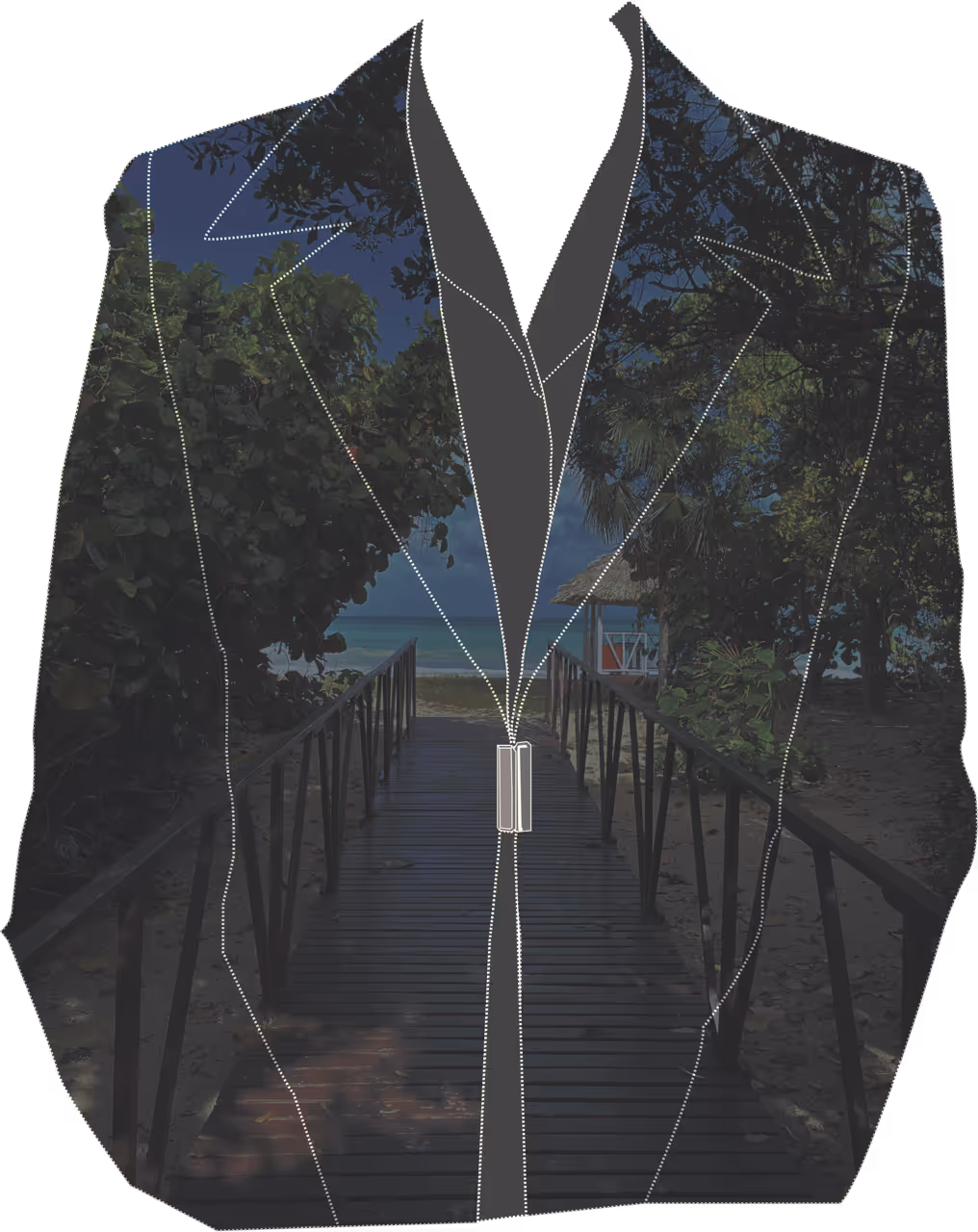 Simple outline of a blazer featuring a masked overlay of a beach entrance in Cuba.