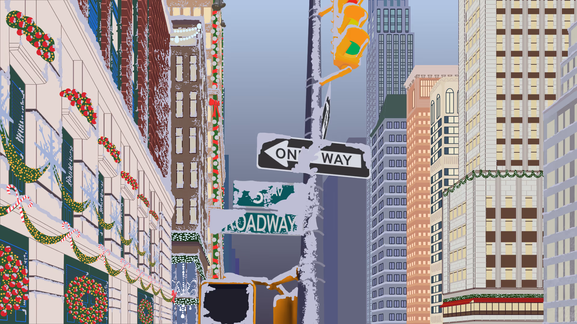 Flat illustration of a city street corner decorated for Christmas with wreaths, garlands, candy canes, snow, and holiday lights on buildings and traffic signals.