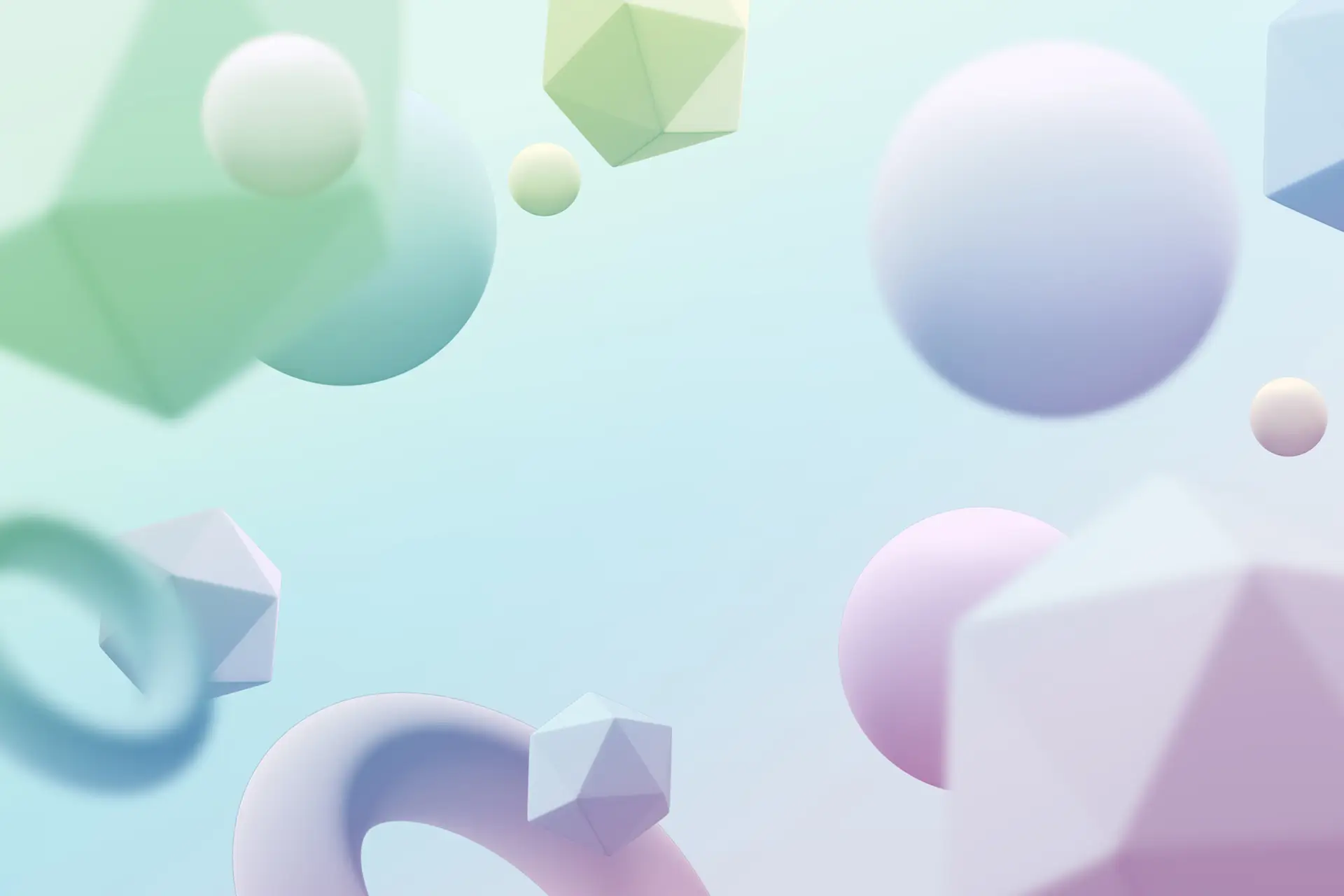 Abstract background with pastel geometric shapes floating on a gradient blue-green surface.