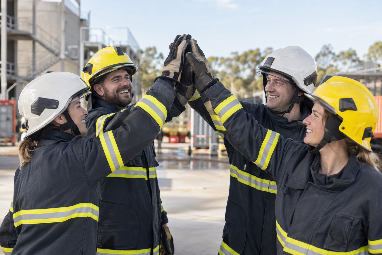 Emergency services volunteers celebrating trainer qualification completion