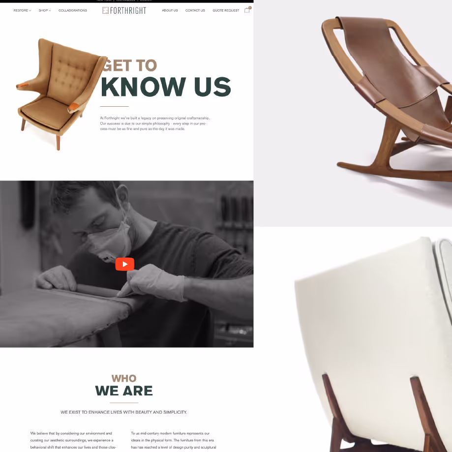 Forthright furniture website design showcasing craftsmanship and brand identity created by Studio Wisdom