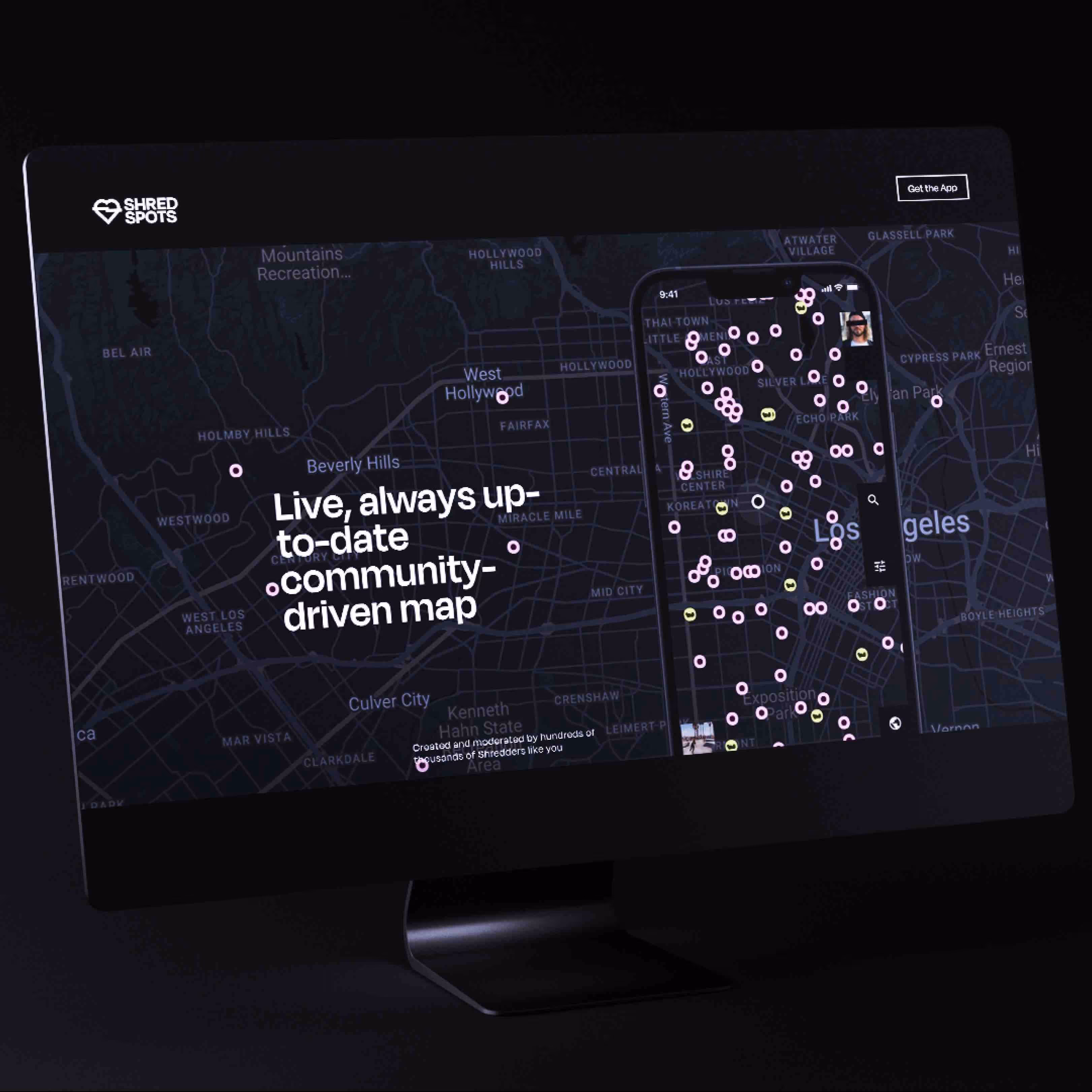 ShredSpots skateboarding app website design with interactive community map created by Studio Wisdom