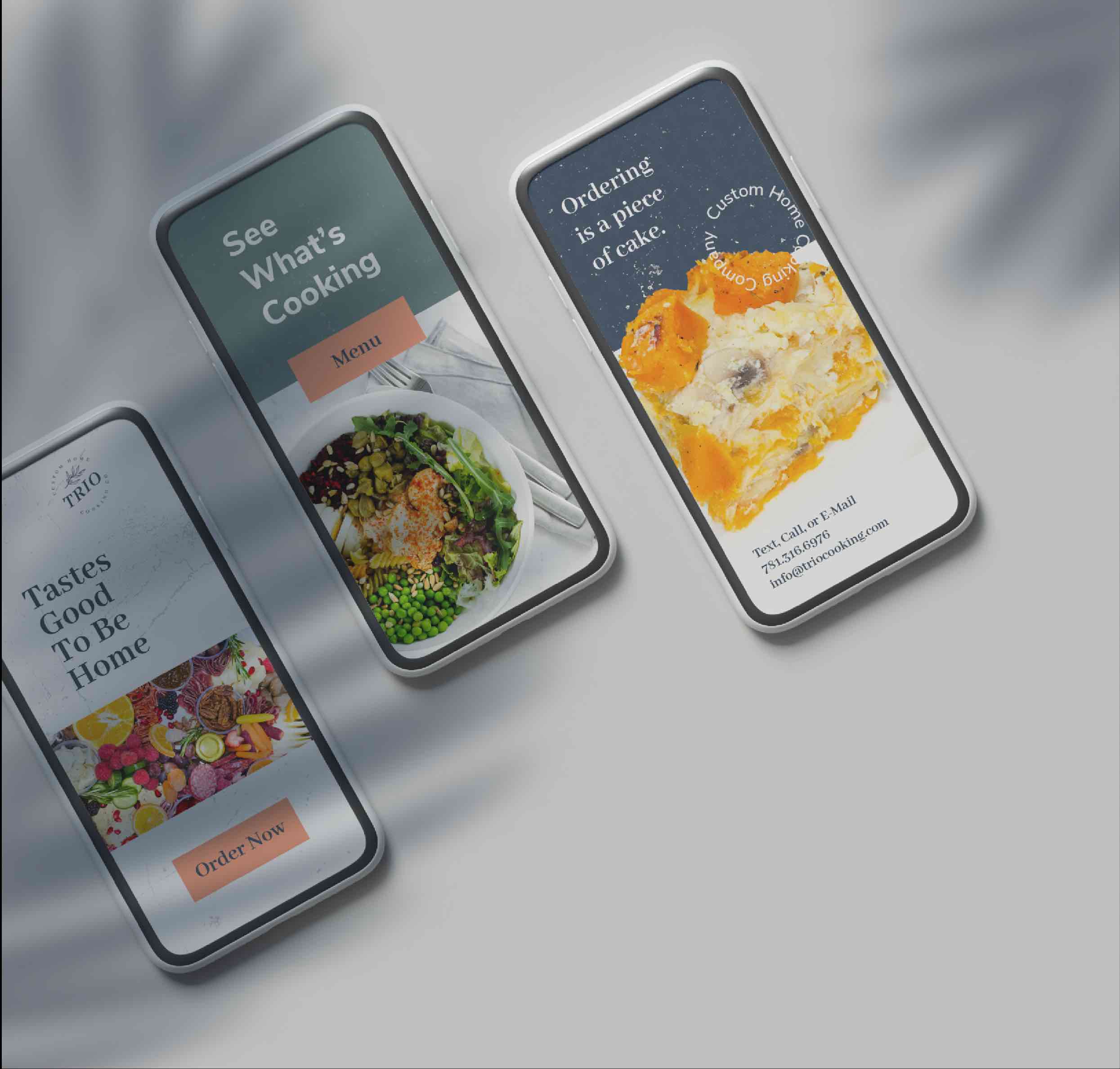 Trio Cooking mobile website design showcasing brand identity and food visuals created by Studio Wisdom