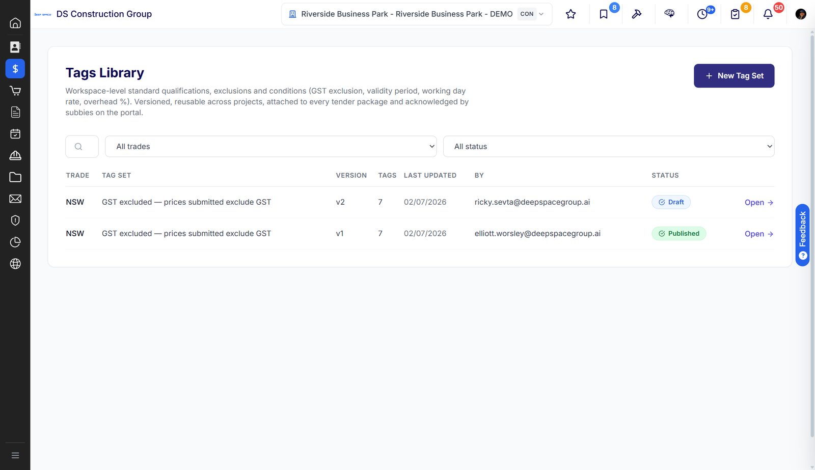 Tags Library with versioned standard qualifications and exclusions