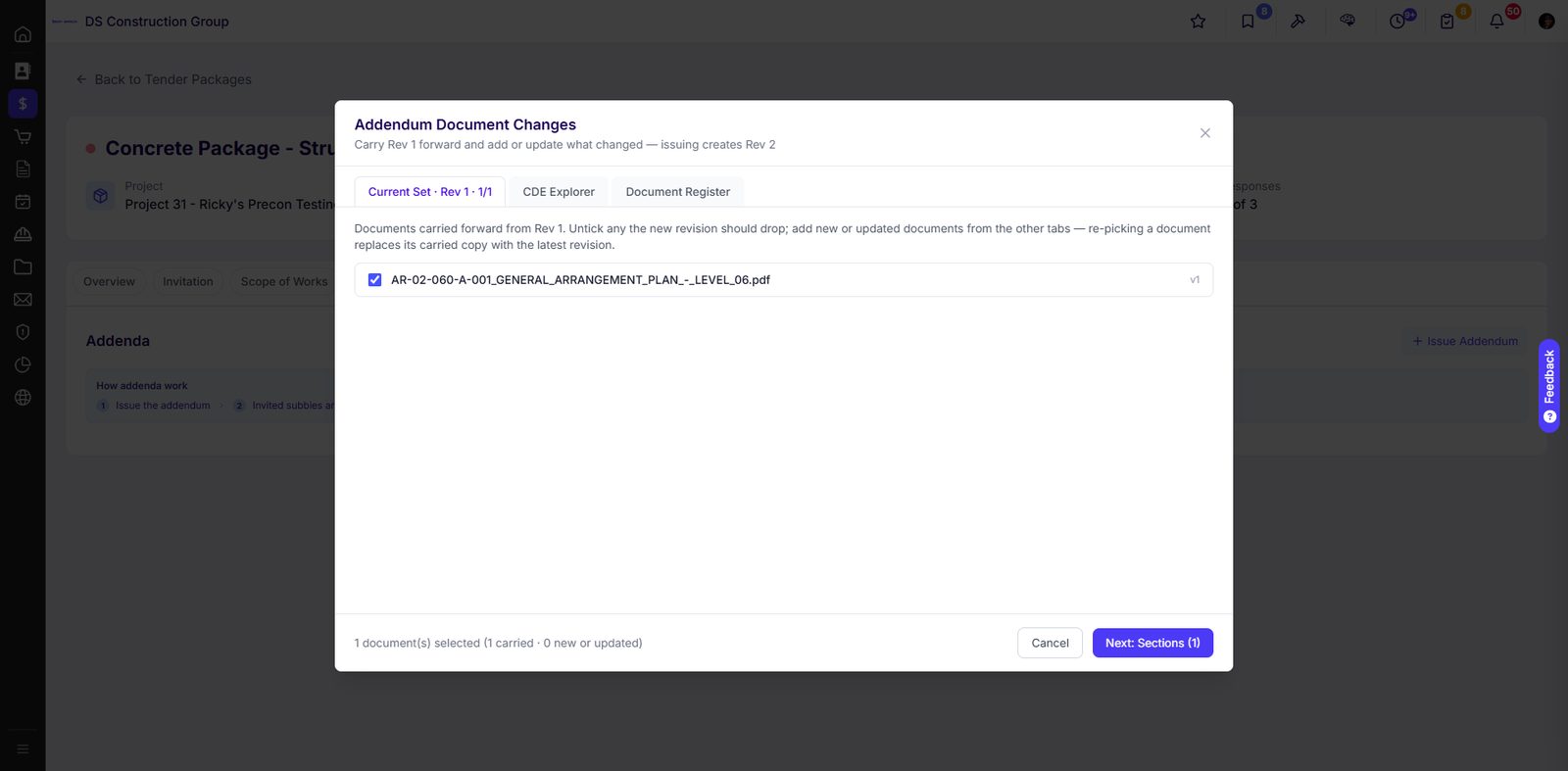 Addendum document changes carrying Rev 1 forward to create Rev 2