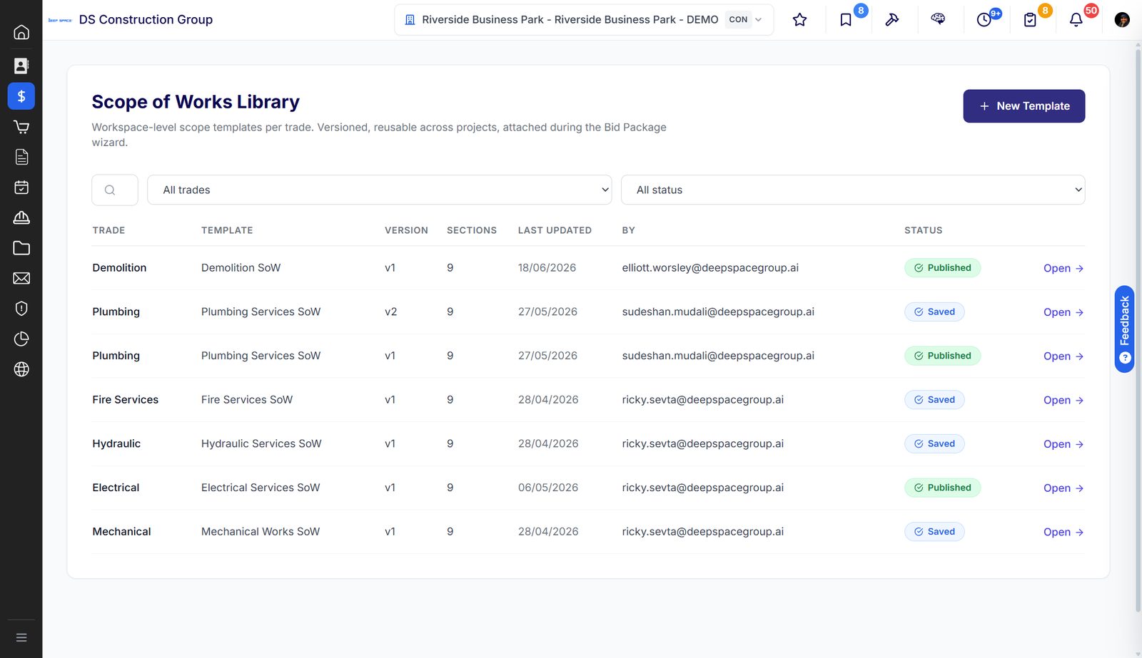 Scope of Works Library with versioned scope templates per trade