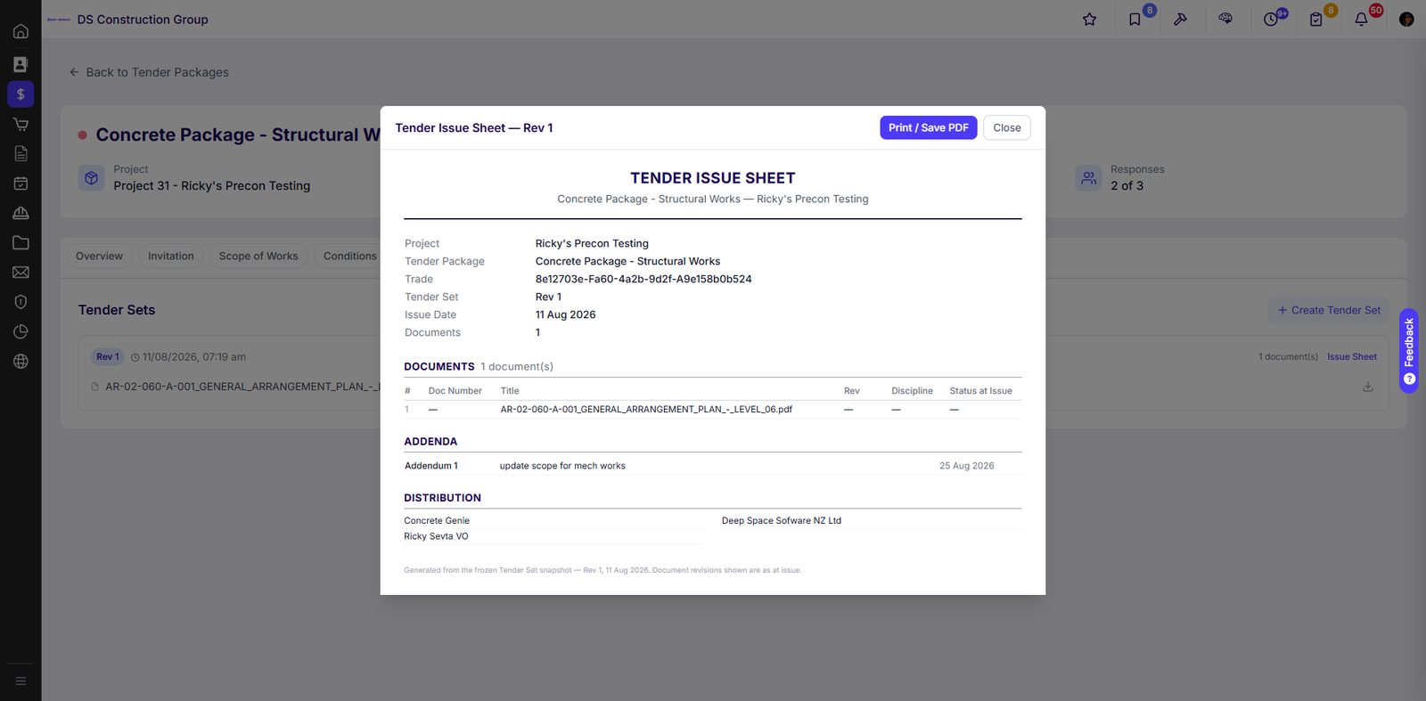 Tender Issue Sheet showing documents at issue revision, addenda and distribution list