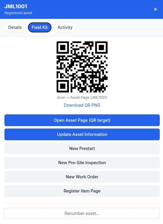 Plant asset field kit with QR code and prestart, pre-site inspection and work order actions