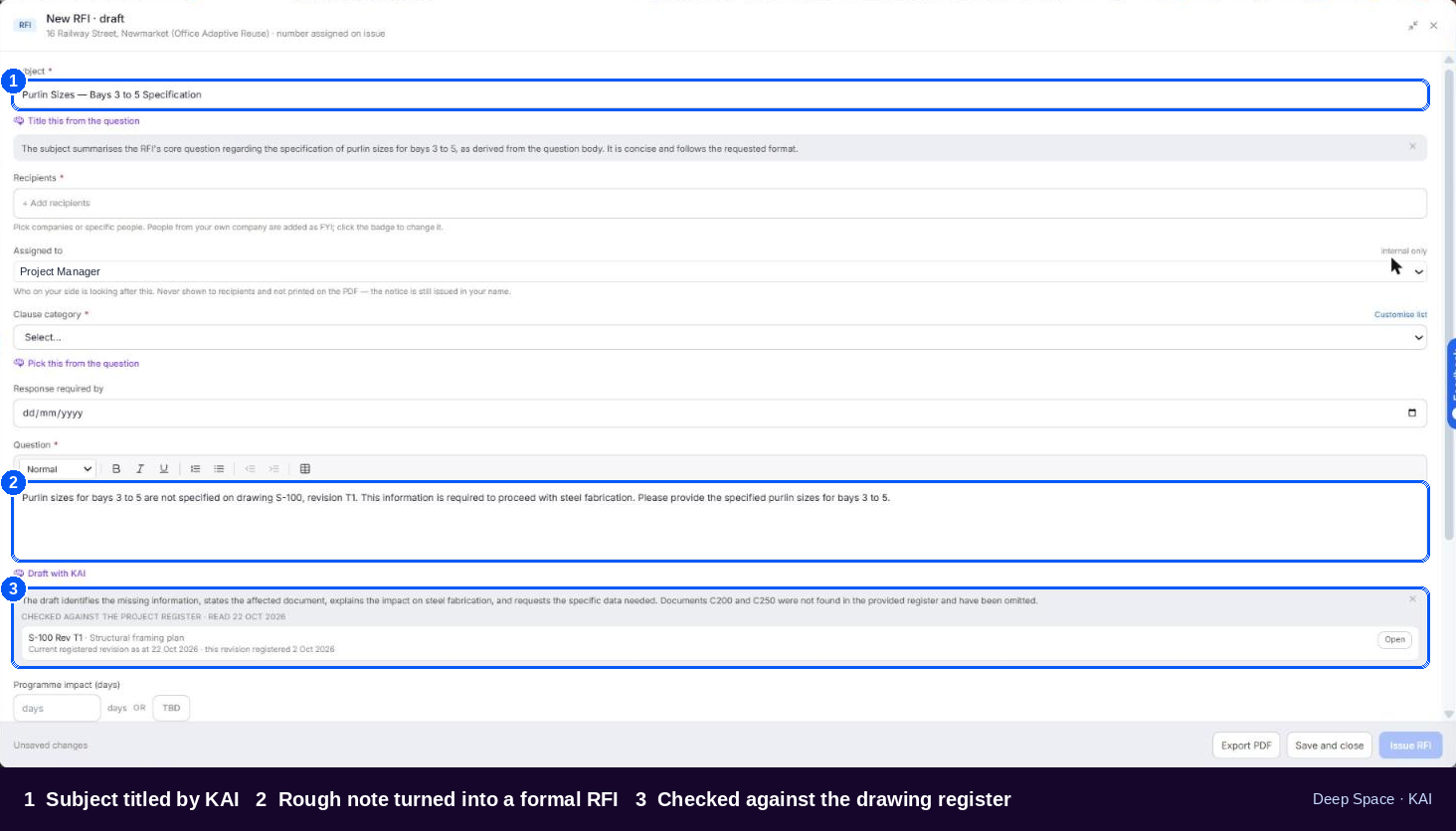 An RFI drafted with KAI in Deep Space, with the subject, formal question and drawing register check filled in
