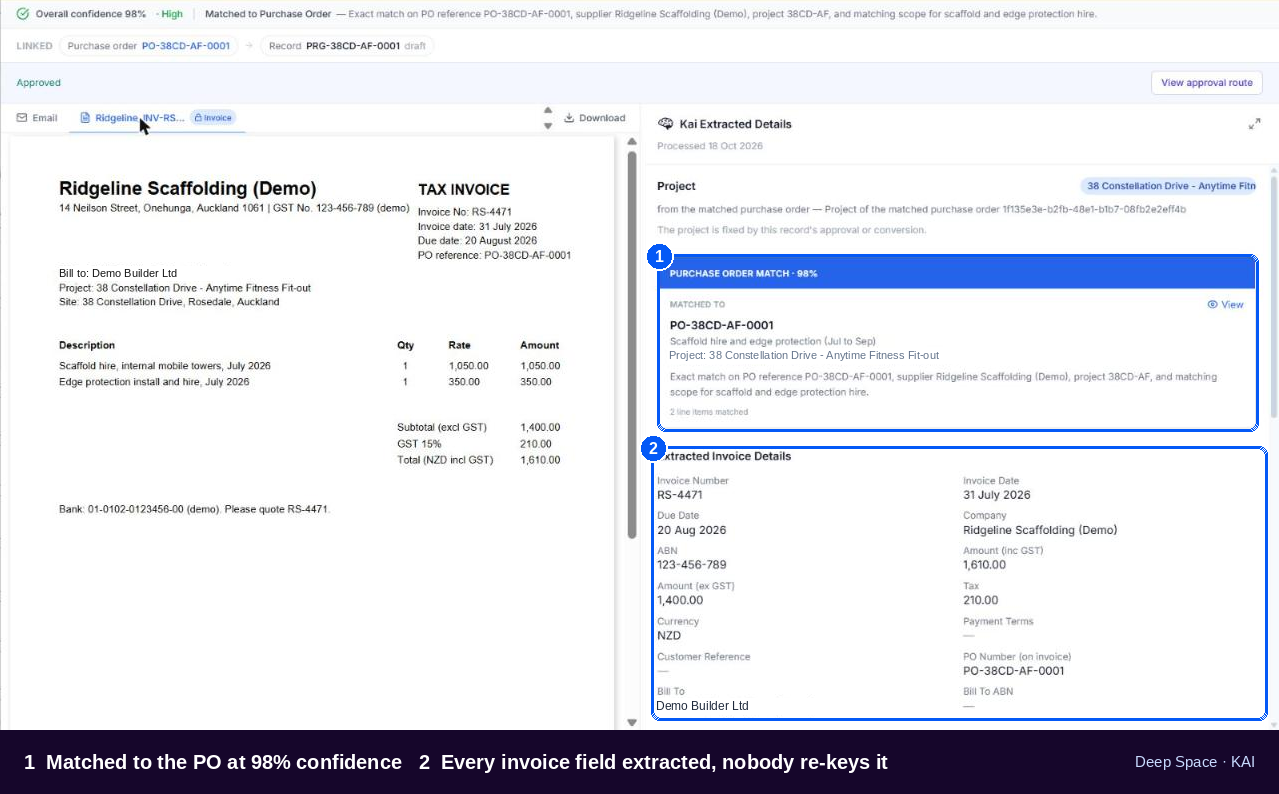 A supplier invoice in the Deep Space Invoice Register with KAI extracted details and a 98 percent purchase order match