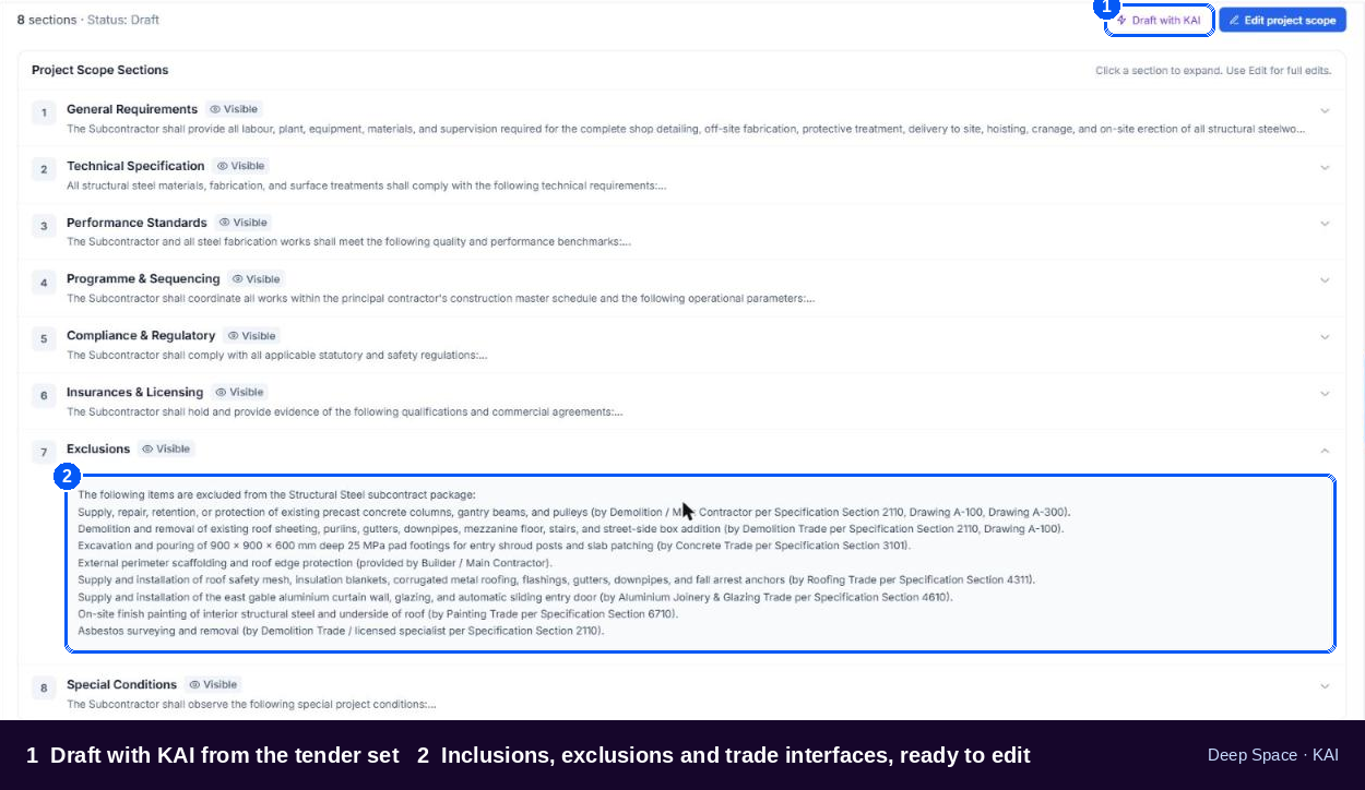 Scope of works drafted with KAI in Deep Space, showing eight sections with exclusions expanded