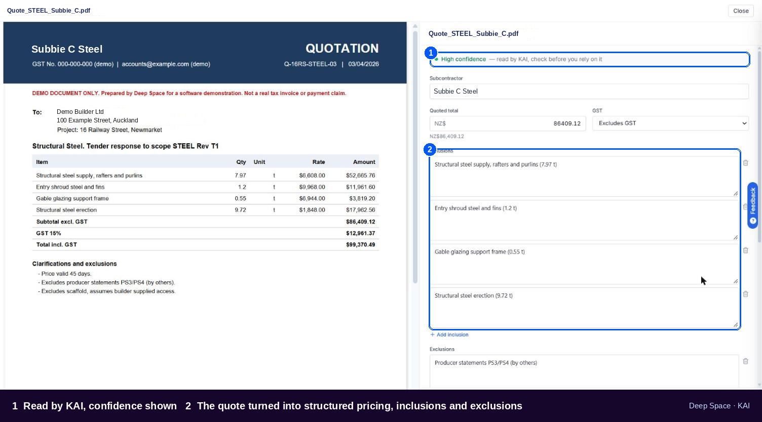 A subcontractor quote PDF beside the pricing, inclusions and exclusions KAI read from it