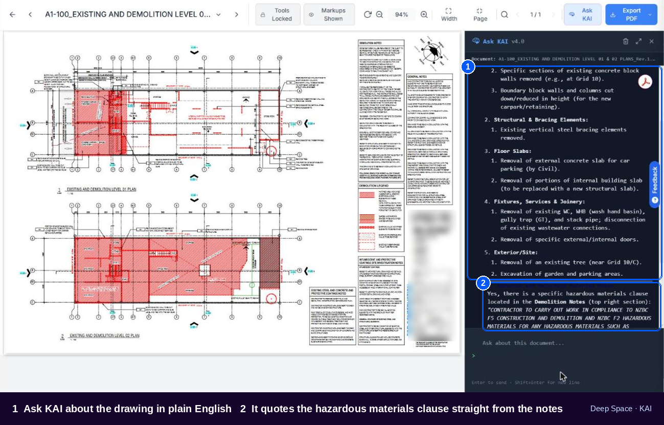 Ask KAI open on a demolition drawing in Deep Space, answering what is being demolished and quoting the hazardous materials clause