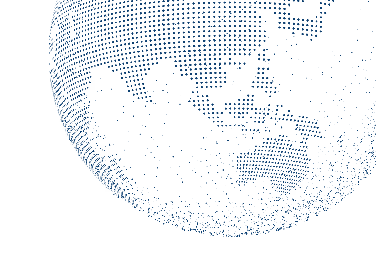 A stylized globe made of evenly spaced dark blue dots representing continents, viewed from below showing parts of North America, Europe, and Africa. It Represents Finova Global Reach.