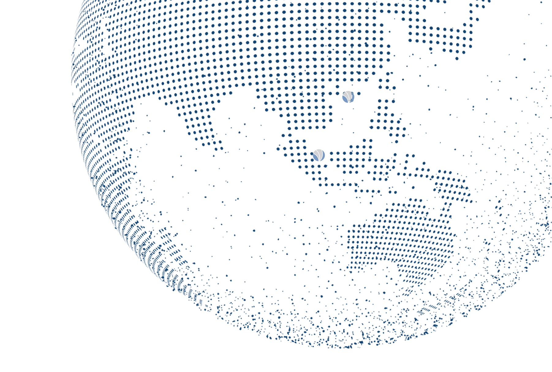 A stylized globe made of evenly spaced dark blue dots representing continents, viewed from below showing parts of North America, Europe, and Africa. It Represents Finova Global Reach.