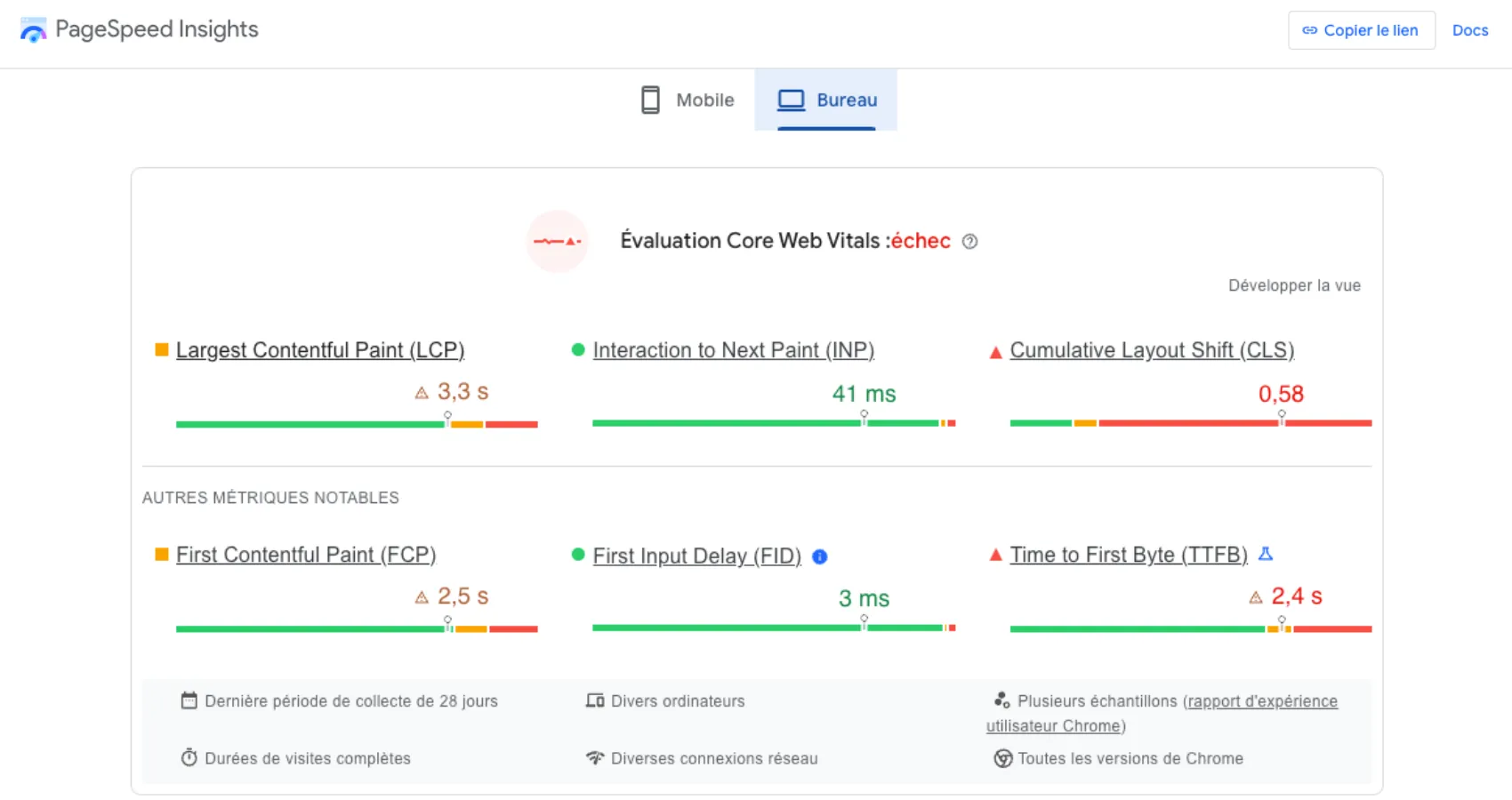 Performances sur ordinateur avant optimisation seo