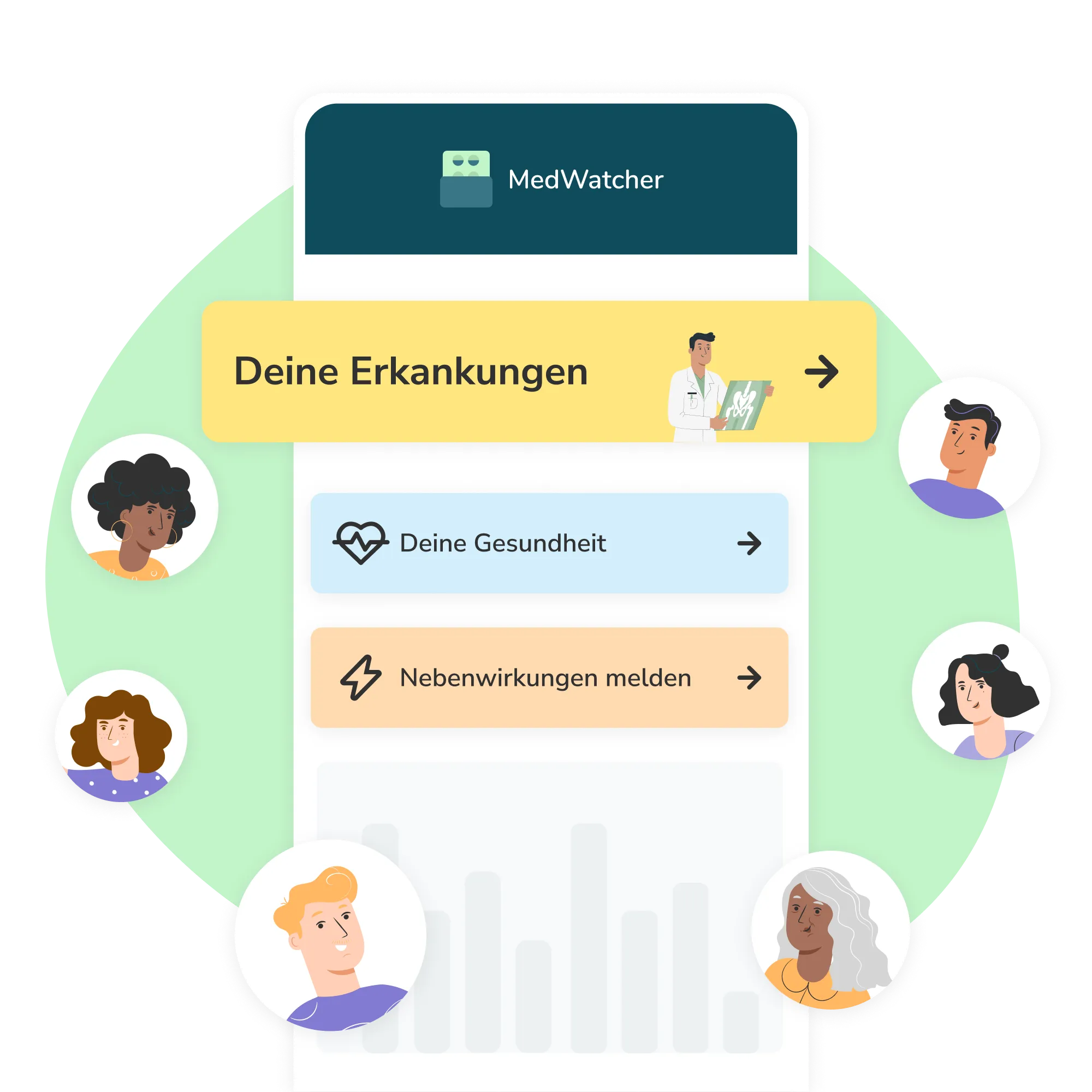 Alles für deine Gesundheit im MedWatcher wie Medikamente, Erkrankungen, Funktionen, Nebenwirkungen und eine Community