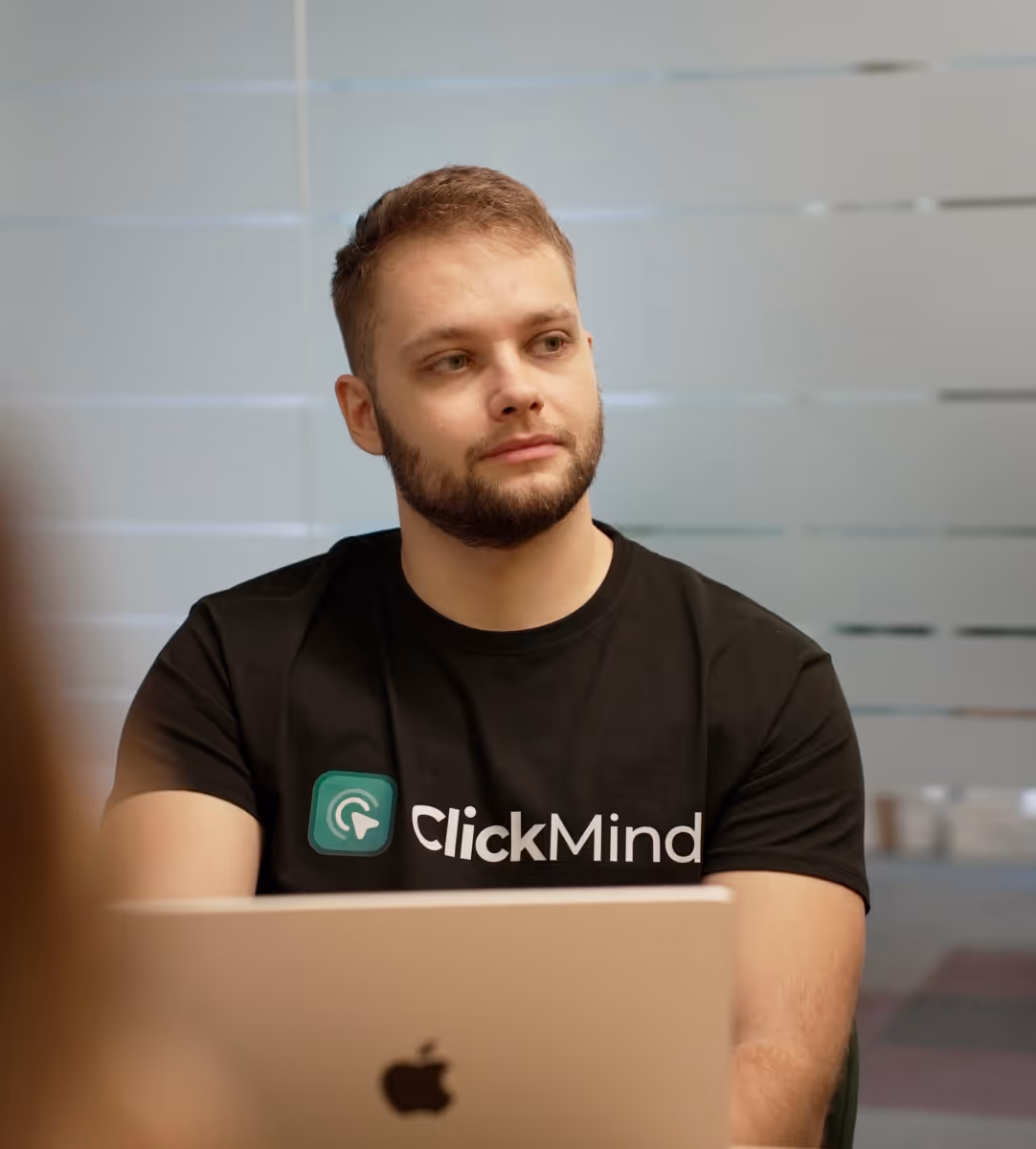Man in ClickMind t-shirt