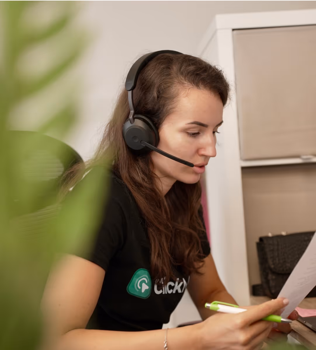 Woman talking on a headset