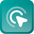 White cursor icon with circular lines on a green rounded square background.