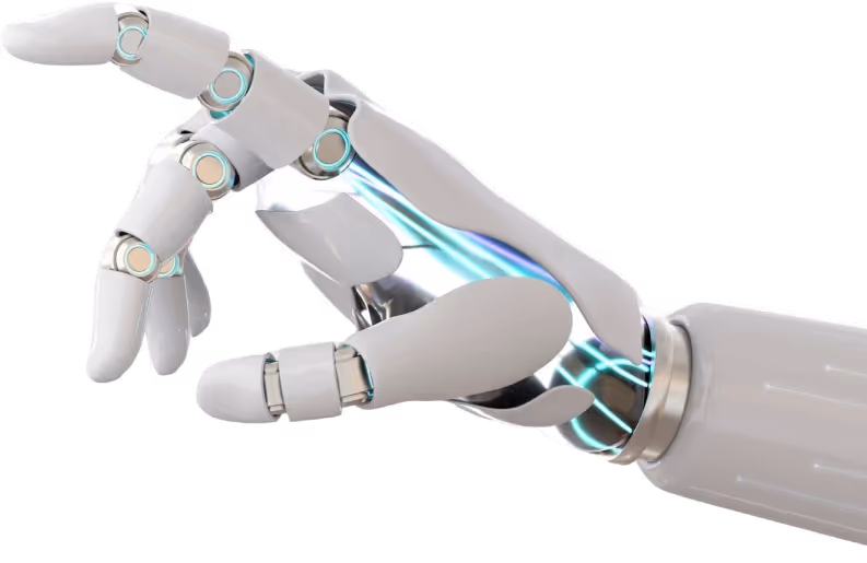 Futuristic white robotic hand with glowing blue lines reaching out on black background.