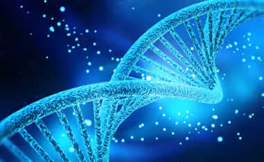 Close-up of a blue DNA double helix strand with glowing particles on a dark blue background.