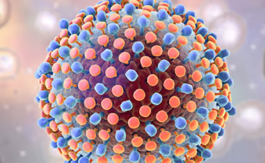 3D illustration of a spherical virus particle with multicolored surface proteins in blue, red, and orange.