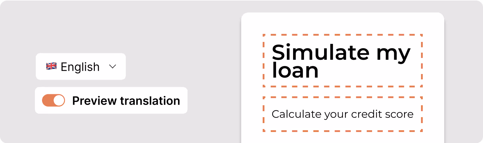 Language selection with options; text reads "Simulate my loan" and "Calculate your credit score".