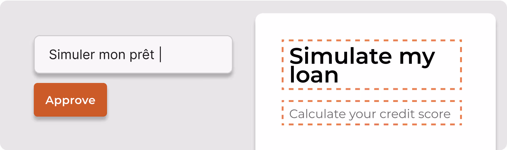 Text box with "Simular mon prêt," a button labeled "Apprenez," and "Simulate my loan" for credit score calculation.