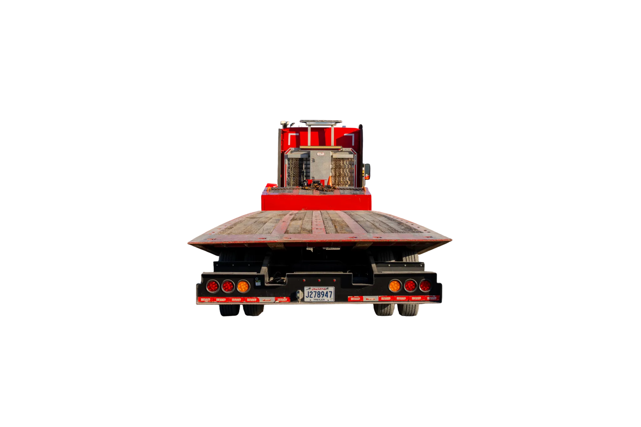 Rear View Of Red Flatbed Tow Truck