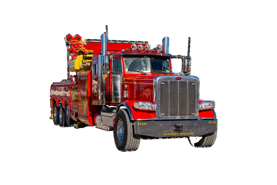 Red Rotator Wrecker With Raised Recovery Boom