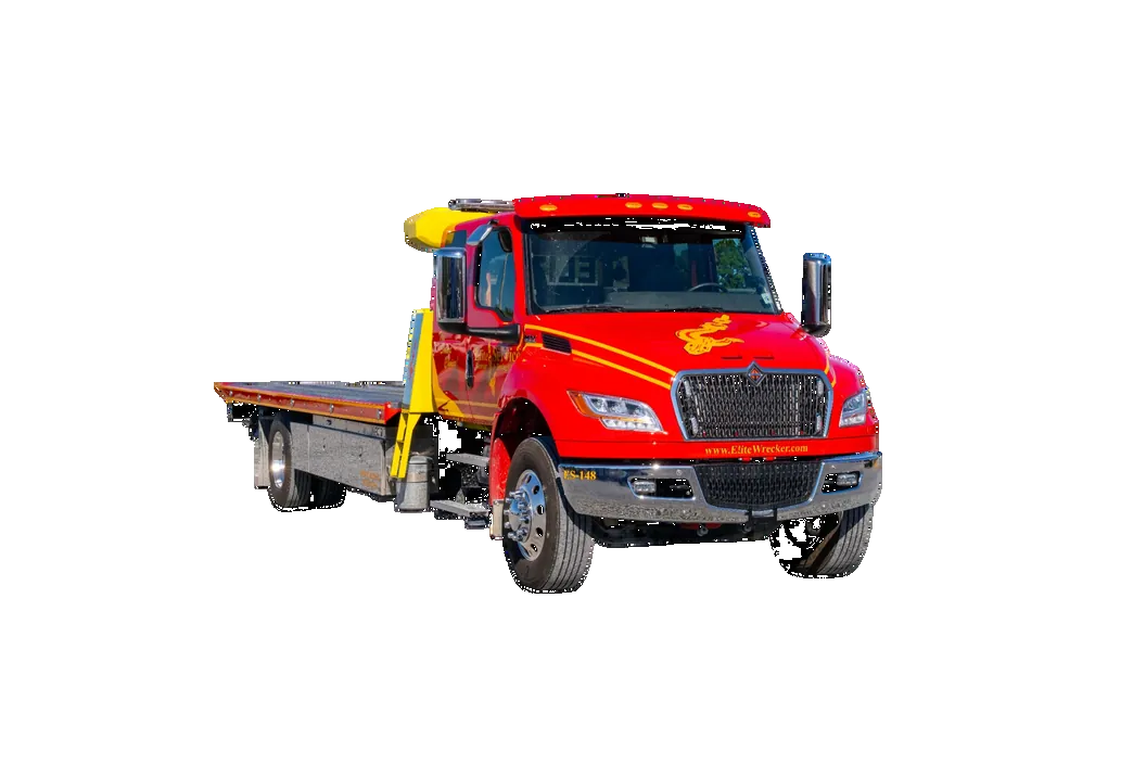 Red Rollback Truck Angled Toward Camera