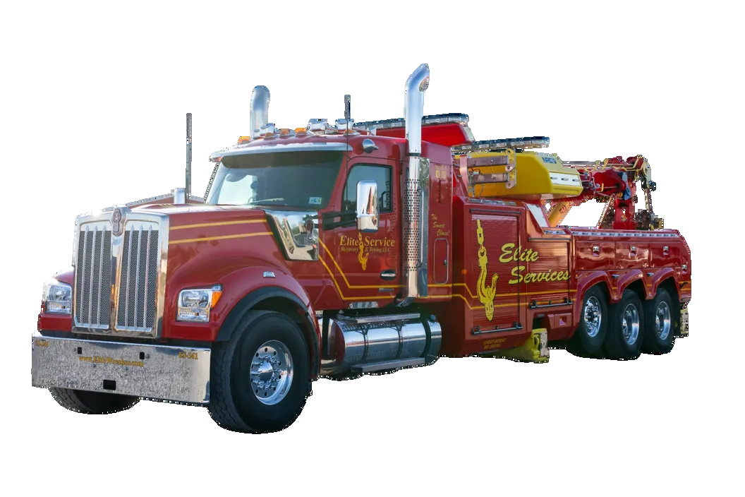 Red Recovery Wrecker With Raised Boom