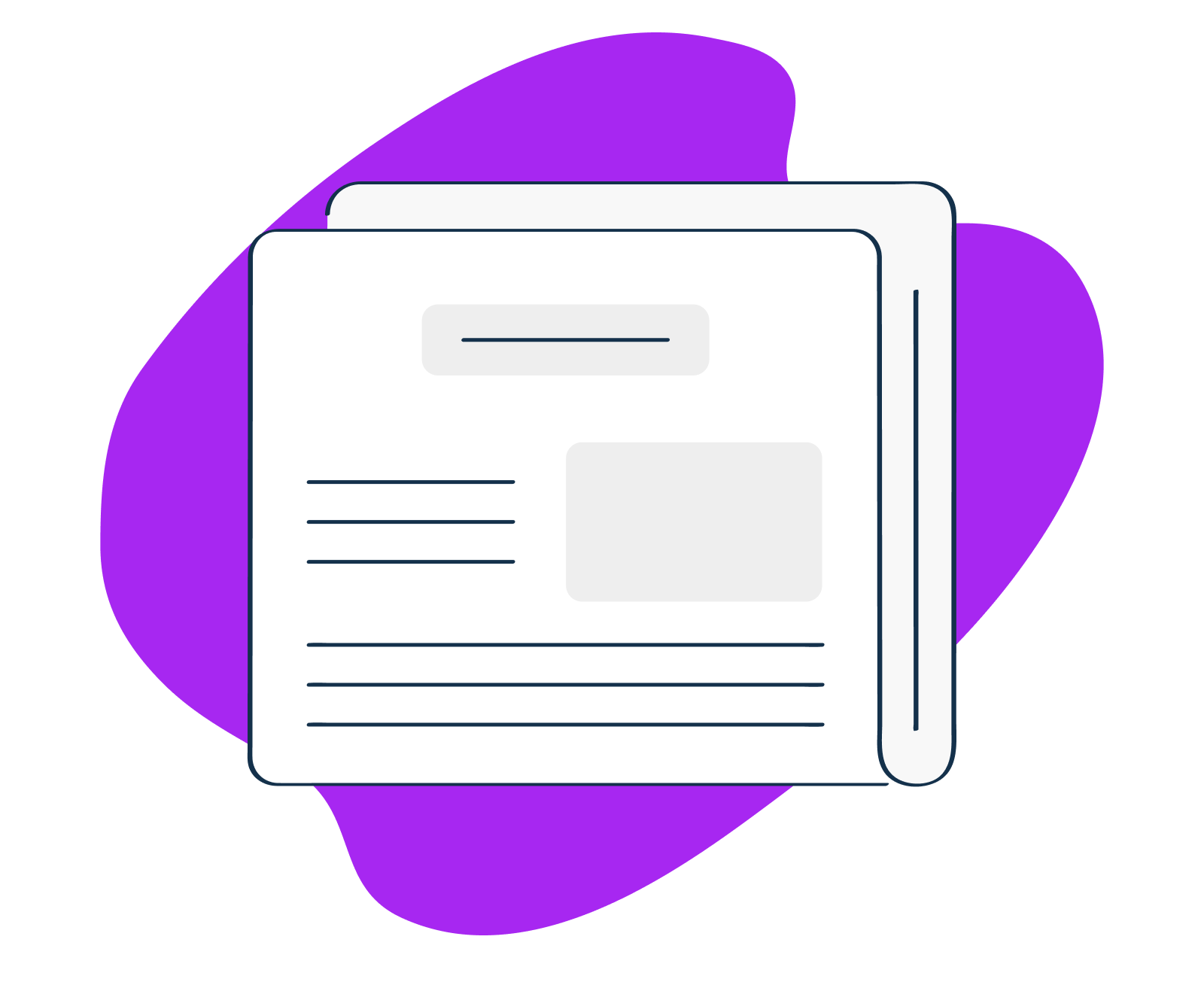 Illustration of stacked newspapers with text lines and a gray rectangular image placeholder on a purple abstract background.