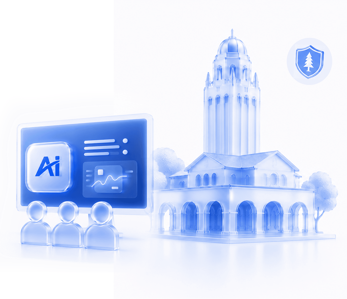 Transparent blue figures watch a screen with AI icon next to a transparent building resembling Stanford Tower.