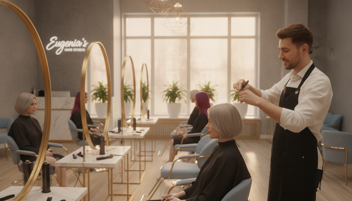 A modern hair salon interior featuring Eugenia’s Hair Studio, showcasing diverse customized haircuts and styling. In the foreground, a skilled hairstylist in professional attire is attentively cutting a client's hair, highlighting precision and artistry. The stylist and client exhibit relaxed expressions, embodying a welcoming and friendly atmosphere. In the middle, chic salon chairs and stylish mirrors reflect vibrant hair colors, with hair styling tools neatly arranged. The background reveals large windows allowing warm, natural sunlight to illuminate the space, enhancing the inviting ambiance. Soft, contemporary decor emphasizes an upscale yet cozy feel. The lighting is bright and welcoming, with a shallow depth of field focusing on the hairstylist and client, creating a warm and inviting mood perfect for a fresh new look.