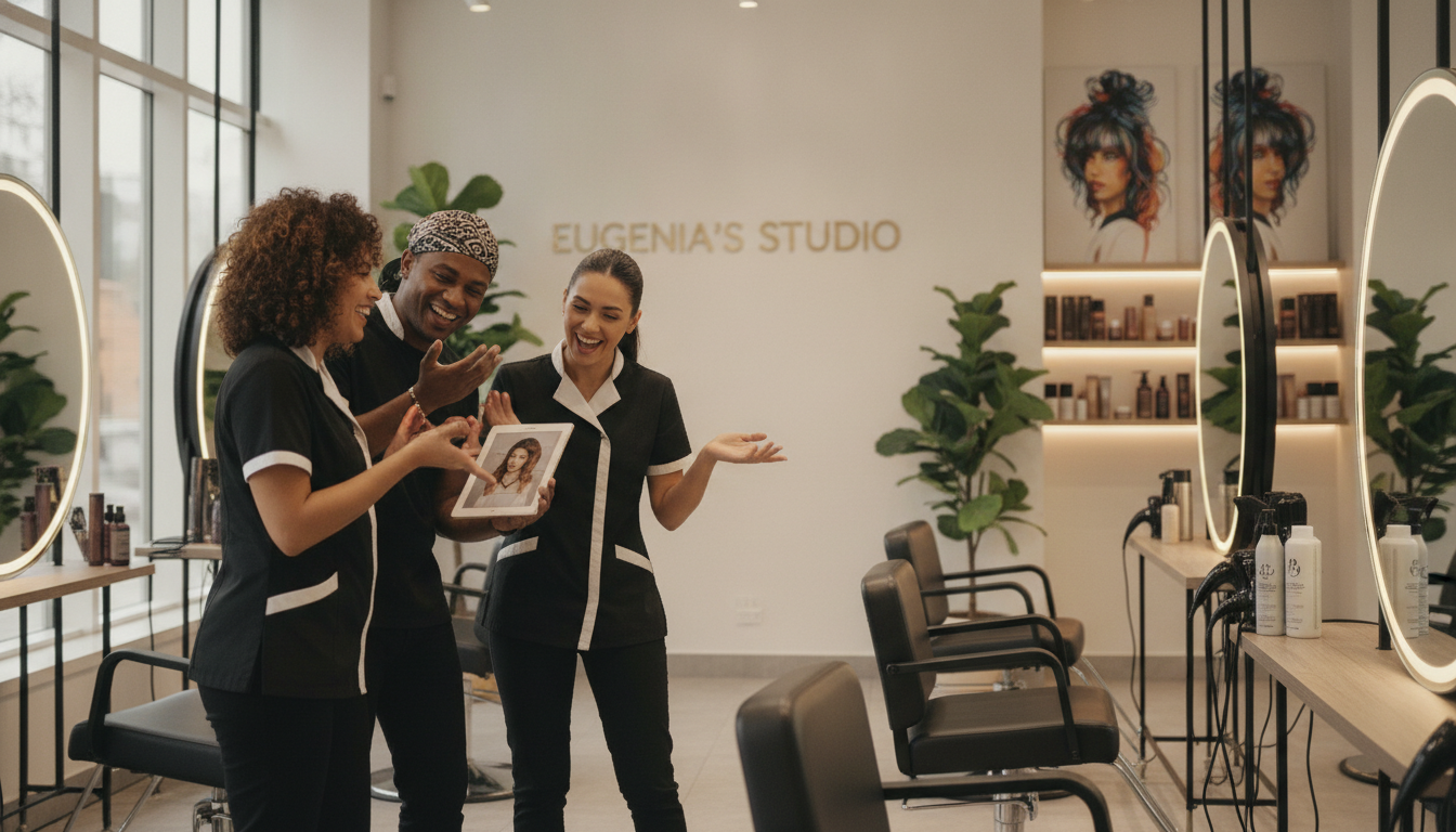 A bright and welcoming hair studio interior featuring Eugenia's experienced team, showcasing a diverse group of three stylists engaged in a lively discussion about hair trends. The foreground displays the stylists in professional attire, smiling and passionately sharing ideas. In the middle, a modern salon layout with comfortable styling chairs and large mirrors reflects natural light pouring through large windows, creating a vibrant and inviting atmosphere. The background subtly features hair products and a stylish décor with plants, contributing to a sense of warmth and creativity. The mood is friendly and inclusive, emphasizing teamwork and a positive salon culture. The image is captured with a soft focus lens to evoke a warm, inviting ambiance.