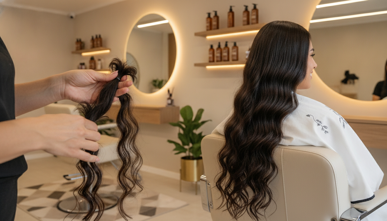A serene beauty salon interior showcasing a professional stylist providing maintenance for Brazilian knot extensions. In the foreground, a close-up of the stylist's hands meticulously working through the hair, ensuring proper care of the knots. The middle scene features a client with healthy, glimmering hair, seated comfortably in a stylish salon chair, smiling as she receives individualized attention. The background reveals an elegant salon setup with neatly arranged hair products, mirrors, and soft lighting, creating a calm and inviting atmosphere. The warm ambient light accentuates the natural shine of the hair, while the overall mood reflects relaxation and expertise in hair maintenance. The image captures the essence of achieving healthy, natural-looking results while emphasizing professional care.