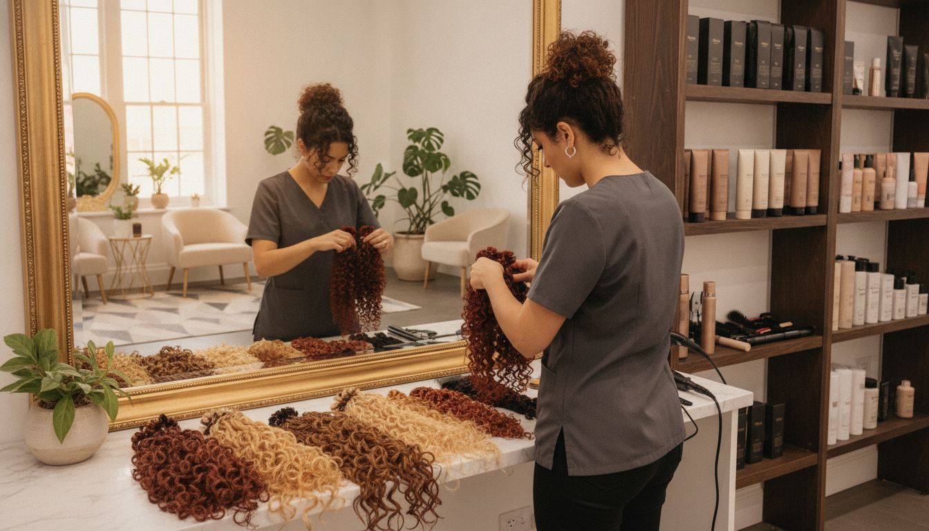 A skilled stylist is carefully tailoring hair extensions for curly and wavy textured hair in a bright, modern salon. In the foreground, the stylist, dressed in professional attire, is examining a set of colorful, high-quality hair extensions laid out on a sleek workstation, showcasing various lengths and textures. In the middle ground, a large mirror reflects a well-lit space with an inviting atmosphere, featuring plants and elegant decor. The background holds shelves stocked with hair care products and tools, enhancing the scene's authenticity. Soft, diffuse natural light streams in from a window, creating gentle highlights and shadows that add depth. The overall mood is professional and creative, emphasizing artistry and expertise in hair extension tailoring.