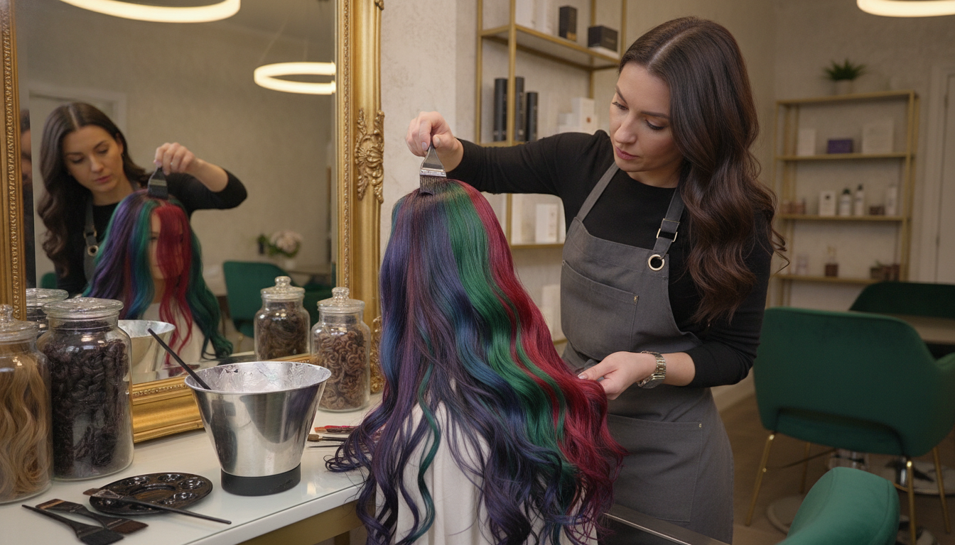 A luxurious salon setting with a focus on stunning hair extensions showcasing advanced techniques for gorgeous color and texture. In the foreground, a professional stylist carefully applies various shades of vibrant hair dye to a set of high-quality extensions, highlighting intricate color blending and glossy finishes. The middle ground features a well-lit vanity mirror reflecting the stylist's concentration and the rich textures of the hair, with shimmering highlights and lowlights. The background presents elegant salon decor, with soft, ambient lighting that creates a warm and inviting atmosphere. The image should convey a sense of sophistication, creativity, and artistry in hair styling, captured with a soft focus and from a slightly above angle to emphasize details.