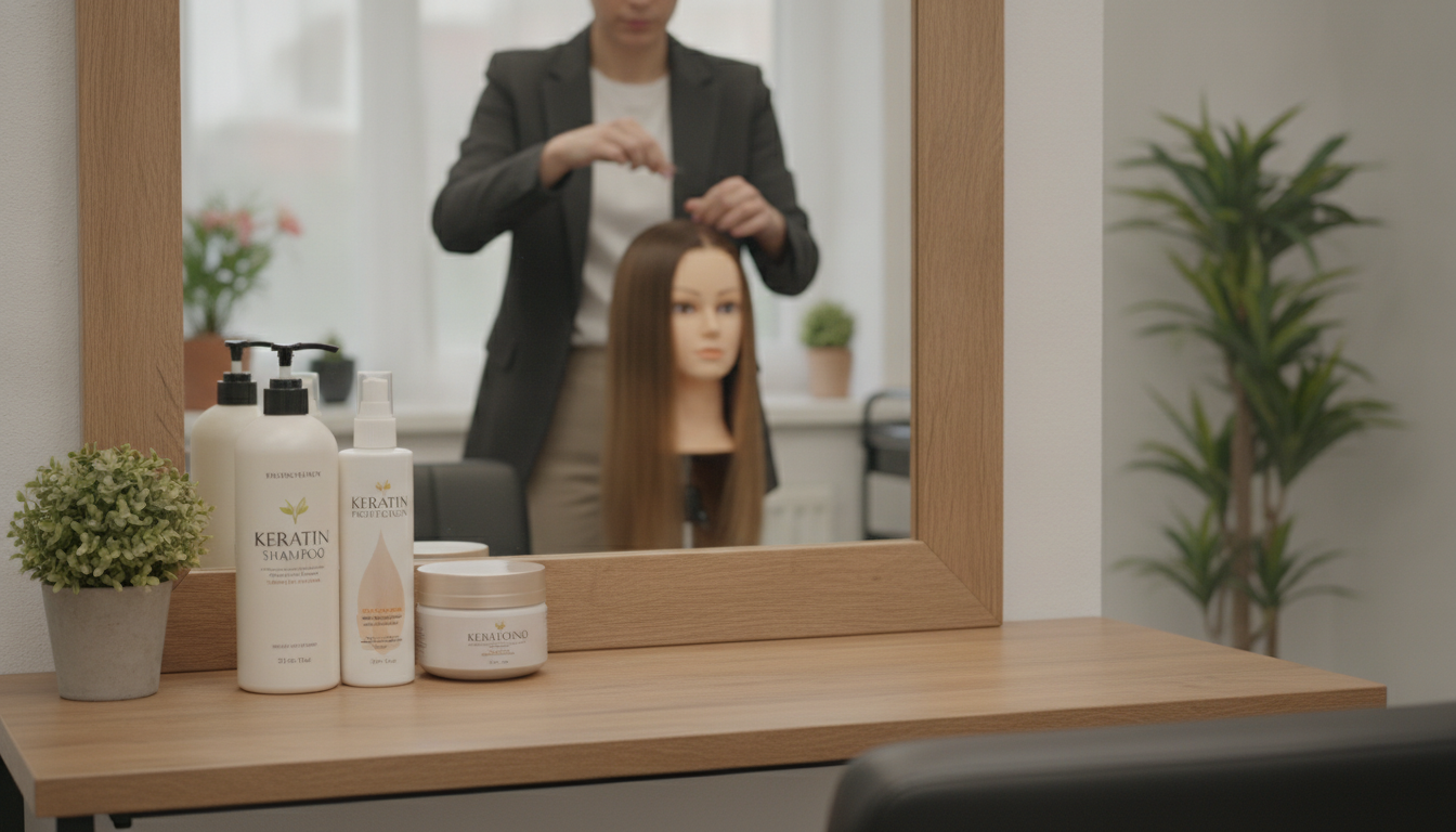 A serene and inviting salon scene focusing on keratin treatment maintenance tips. In the foreground, a neatly arranged wooden vanity table displays essential products: a bottle of keratin shampoo, a hair mask, and a heat protectant spray. The middle ground features a stylist in professional attire, gently demonstrating proper hair care techniques on a mannequin head, showcasing long, shiny hair with a smooth finish. The background includes soft natural lighting from a window, enhancing the tranquil atmosphere with plants in the corners for a touch of greenery. The angle captures a warm, welcoming vibe, ideal for conveying a sense of professionalism and care in hair treatment.