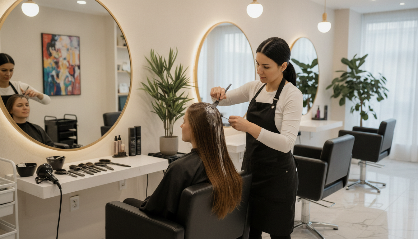 A vibrant and engaging scene showcasing the keratin treatment process at Eugenia's Hair Studio. In the foreground, a professional stylist, wearing a black apron over a stylish white blouse, carefully applies a keratin solution to a client's long, straight hair. The client, seated in a comfortable salon chair, appears relaxed and pampered. In the middle ground, additional styling tools and products are neatly arranged on a sleek, modern workstation, hinting at a professional setting. Soft, warm lighting bathes the scene, enhancing the welcoming atmosphere of the studio. In the background, large mirrors reflect the vibrant, chic decor, featuring contemporary art and lush plants, creating a calm yet stylish ambiance. The overall mood should feel rejuvenating and luxurious, perfectly capturing the essence of a high-end hair treatment experience.