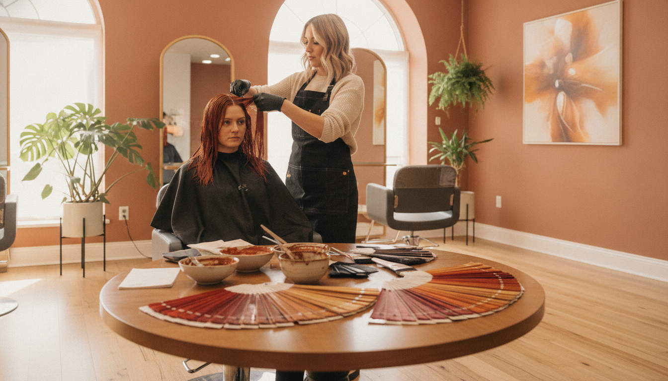 A cozy and inviting salon interior, featuring a hair stylist expertly mixing vibrant fall hair color dyes. In the foreground, a stylish table adorned with various hair color swatches in warm hues like auburn, deep red, and golden blonde. The middle section showcases a professional in a black apron, attentively applying dye to a client’s hair, who is seated comfortably in a modern salon chair, wearing a chic cape. The background reveals large windows letting in soft, natural light that enhances the rich colors of the dyes. The atmosphere is warm and welcoming, with plants adding a touch of nature to the space. The image captures the essence of transformation, focusing on collaboration and creativity in hair color planning for the autumn season.