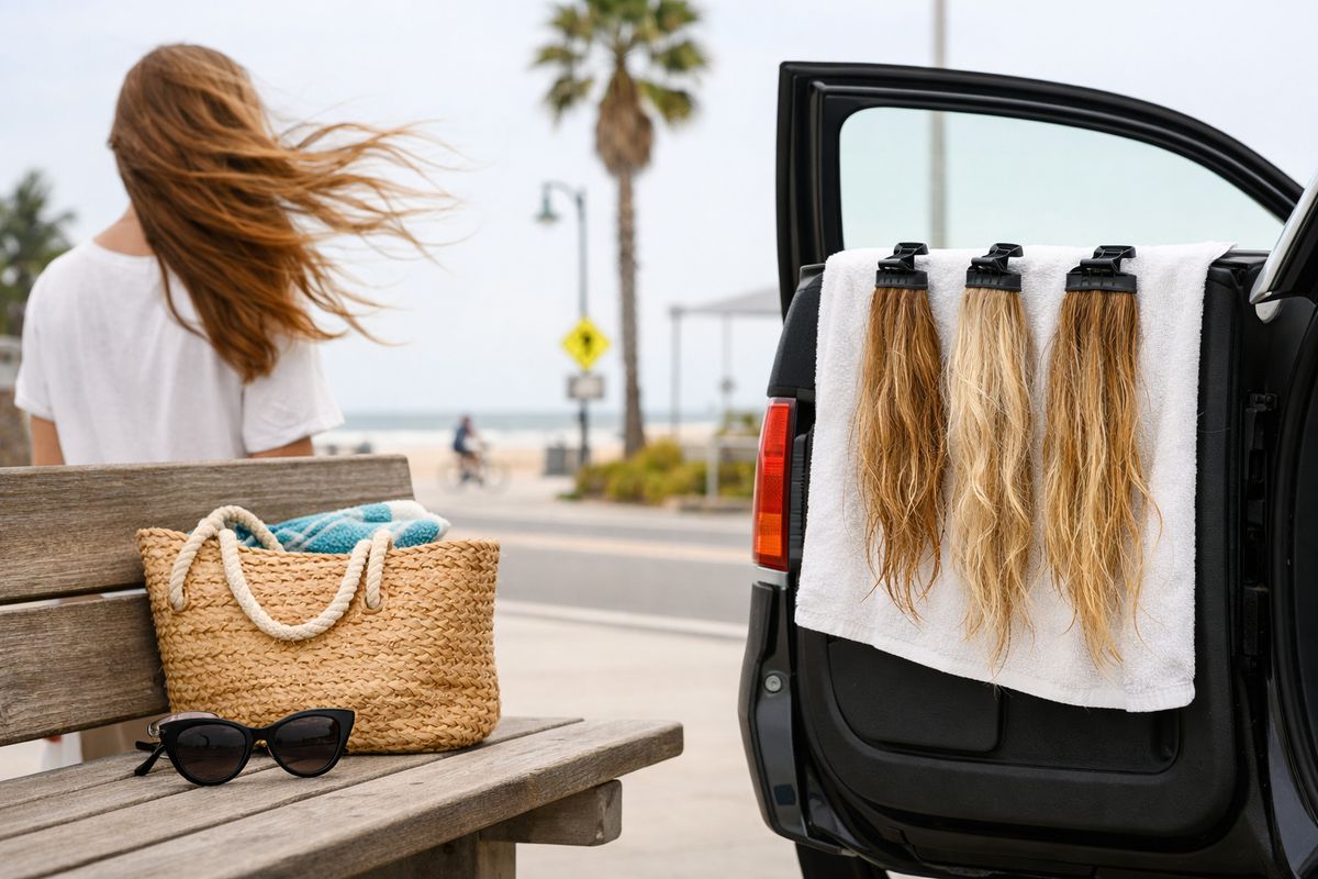 A breezy coastal street scene near the beach with long hair being tossed by wind, a pair of sunglasses and a beach tote on a bench, and salt-damp hair extensions hanging to dry on a towel near an open car door, suggesting humidity, beach days, and everyday wear in a seaside climate