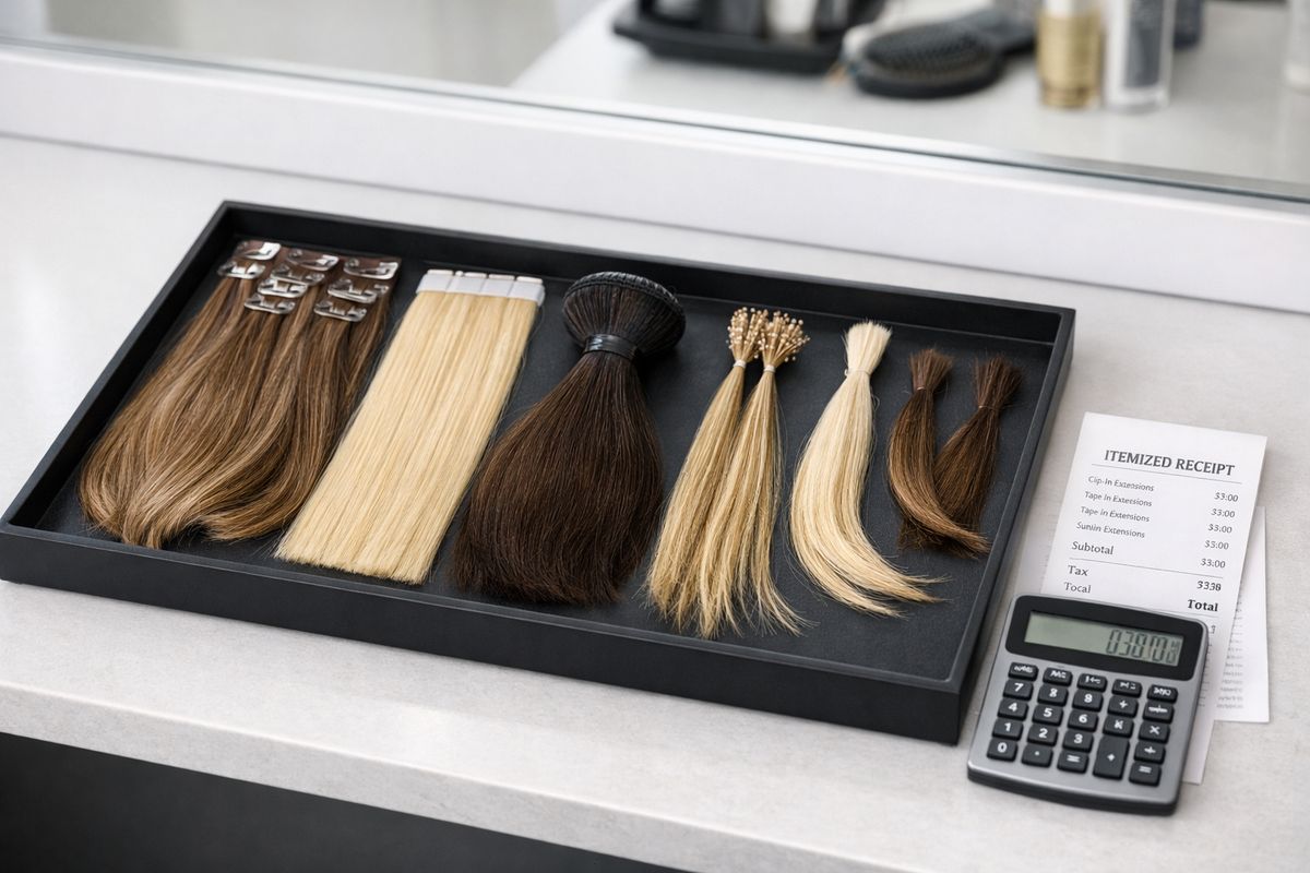 A salon workstation with a tray of different extension types laid out side by side: clip-in wefts with small metal clips, a taped hair panel, a bundle of sew-in hair, a strand-by-strand fusion sample, and a few loose hair samples in varying lengths and shades, with a calculator and itemized receipt paper beside them