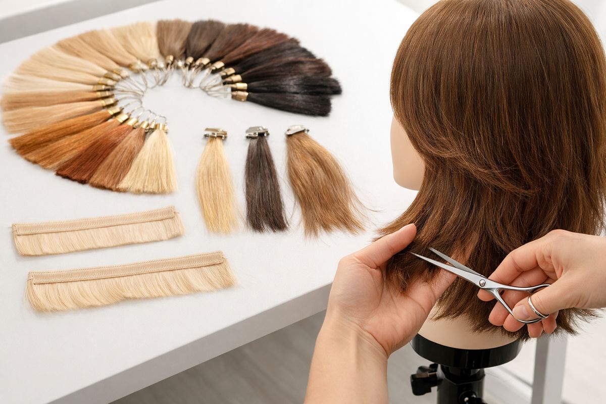 A close-up salon worktable showing hair swatches in different shades and undertones, a few extension strands pinned beside a natural hair sample, a pair of thin wefts, and a stylist’s scissors shaping soft layered ends on a mannequin head under bright daylight