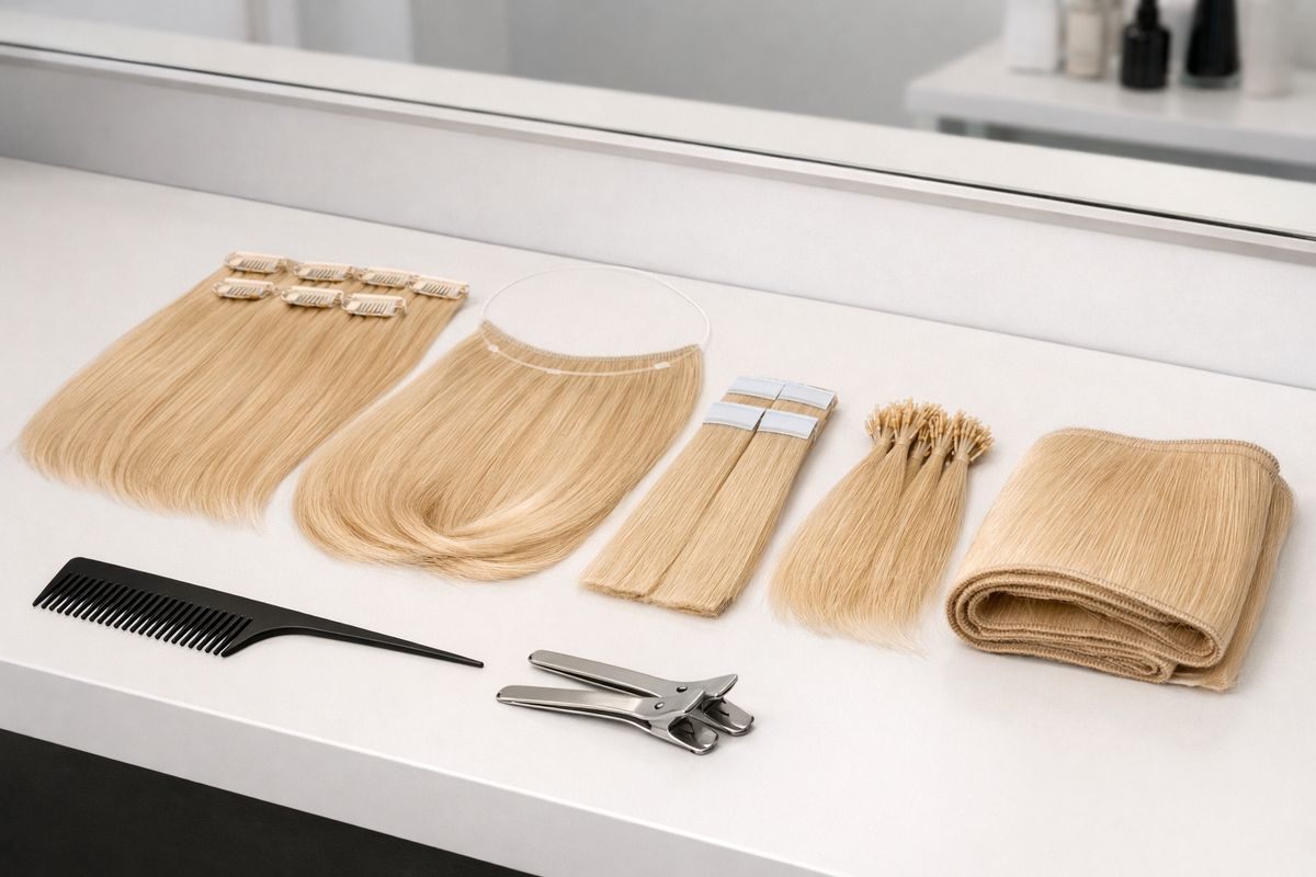 A salon station with several hair extension methods laid out side by side: a row of clip-in wefts with small metal clips, a halo extension on a clear wire, flat tape-in sandwich pieces, tiny keratin bond tips, and a folded sew-in weft on a white counter beside a comb and sectioning clips