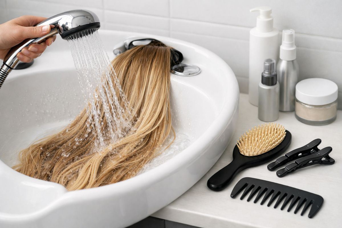 A bathroom or salon sink scene with extension hair being gently washed and detangled: a handheld shower stream over long hair, a wide-tooth comb set near the basin, a soft brush resting beside hair clips, and neatly arranged hair products on the counter for maintenance